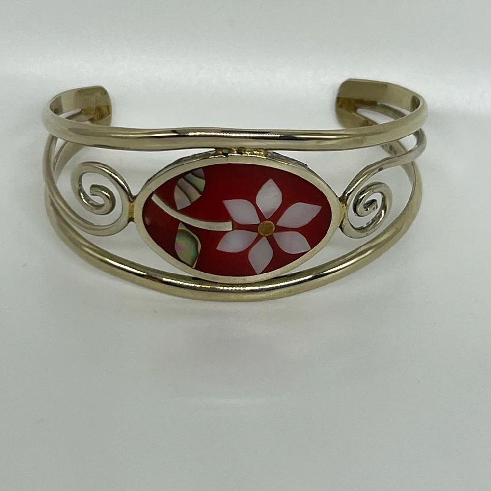 EUC~ Silver Abalone Pearl Inlay Red Carnelian Shell Mexico Cuff Flower Bracelet